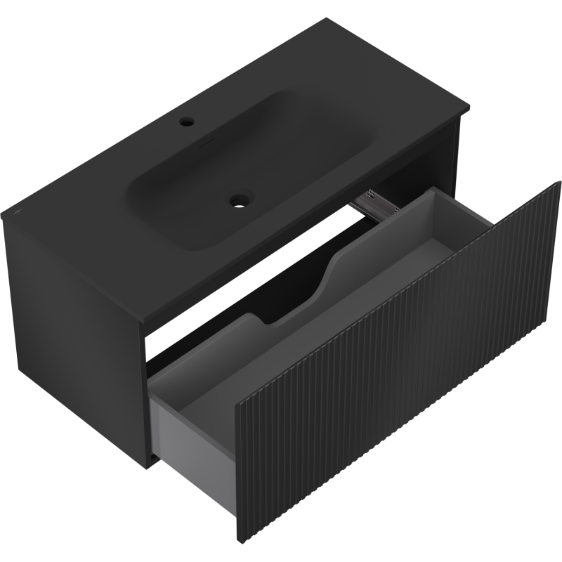 Baderomsskap med vask 100 cm Mexen Rivel i matt svart med åpen skuff og riflet front, sett ovenfra.