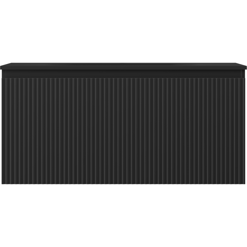 Servant med skap i svart matt med vertikale riller sett rett forfra.