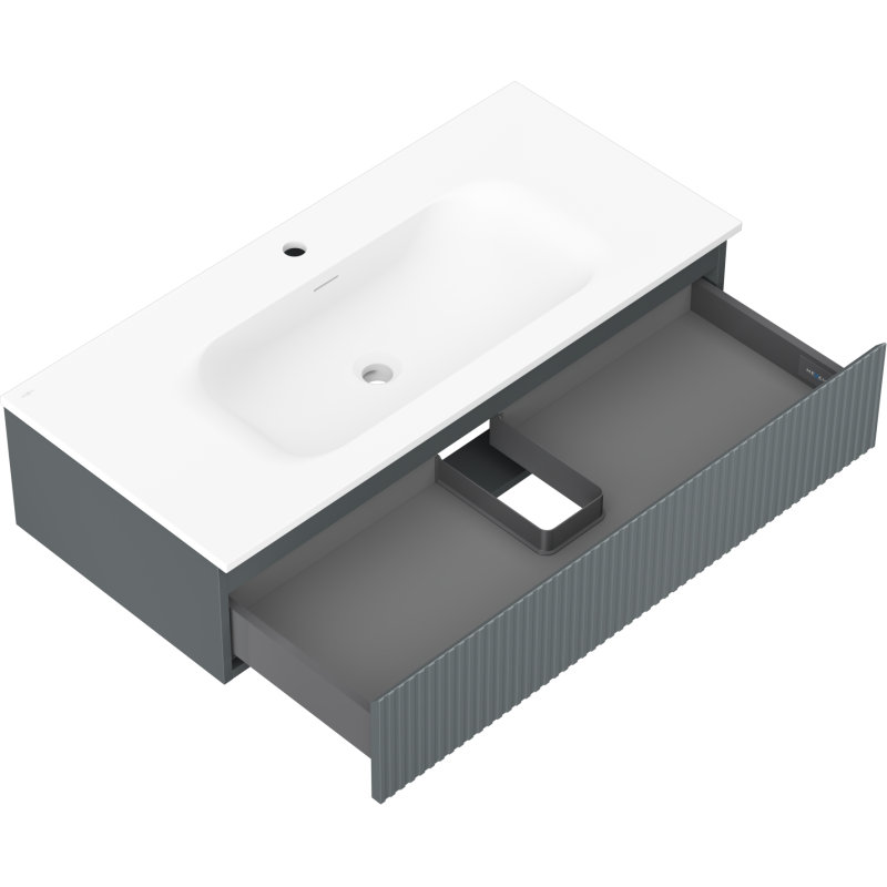 Baderomsskap med vask Mexen Rivel 100 cm grafitt, åpen skuff med rominndeling, sett fra skrå toppvinkel.