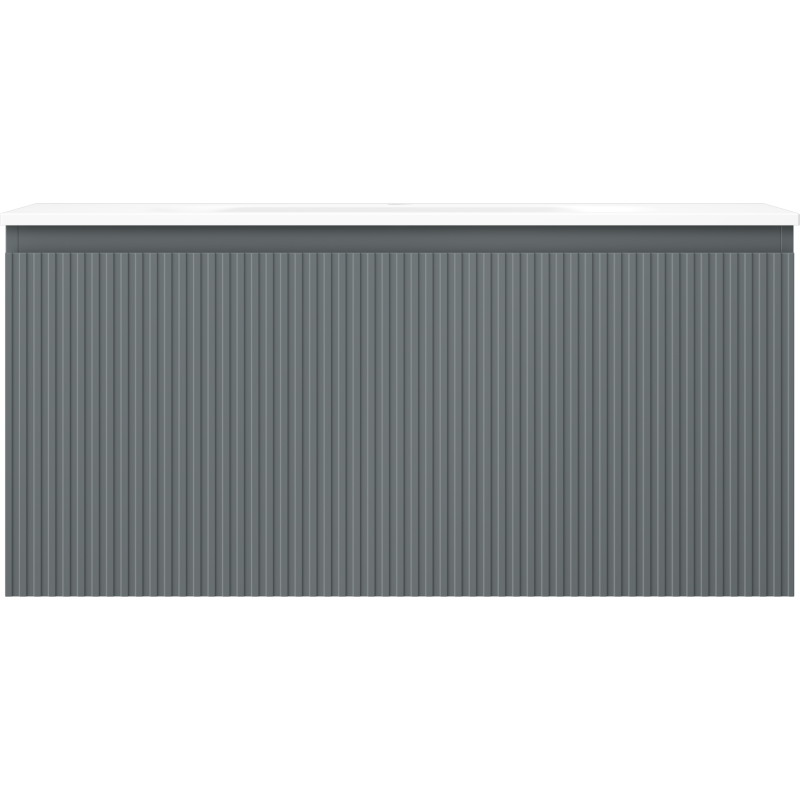 Servant med skap i grafittgrå med vertikale riller og hvit topplate, sett rett forfra.