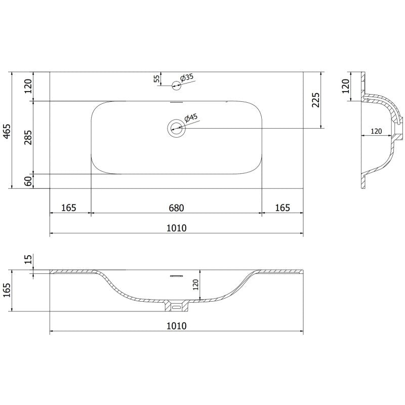 Servant med skap teknisk tegning av rektangulær servant med avrundede hjørner og mål.