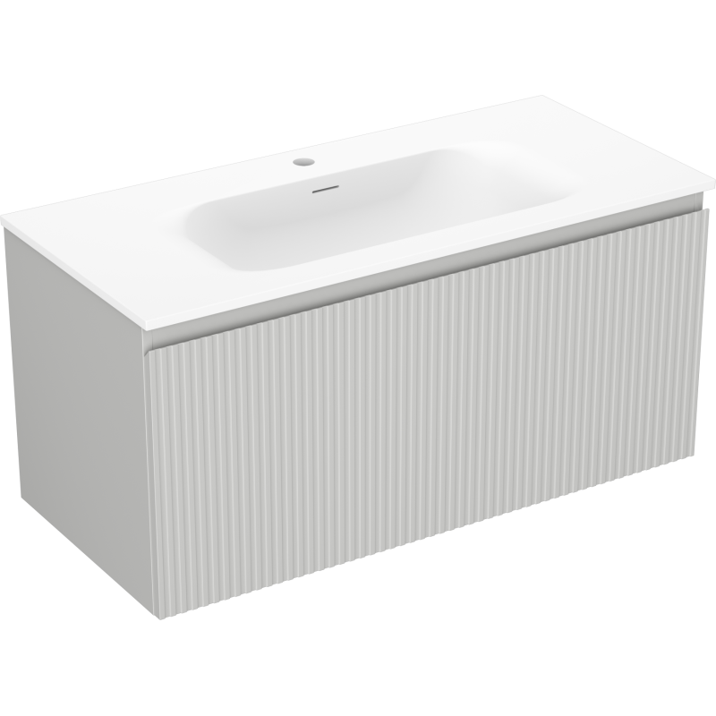 Servantskap med vask 100 cm Mexen Rivel Vela i matt hvit med vertikale riller, skrå forfra.