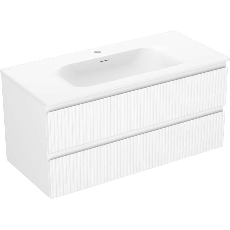 Servantskap med vask 100 cm hvit matt med to skuffer og vertikale riller, sett fra skrå vinkel.