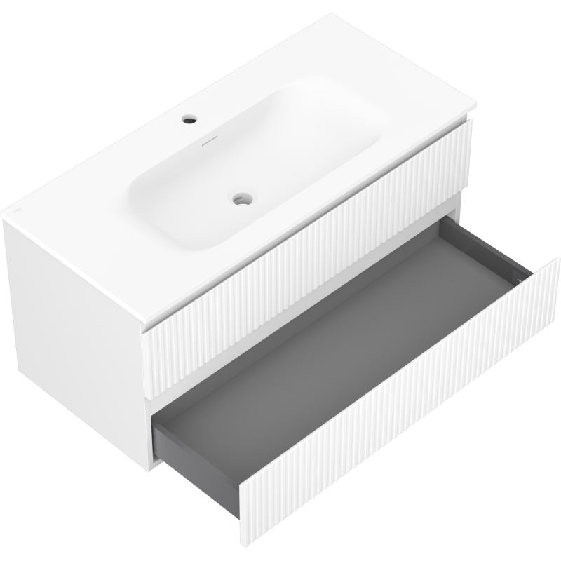 Baderomsskap med servant i hvit matt, skrått fugleperspektiv, én stor skuff trukket ut, vertikale riller.