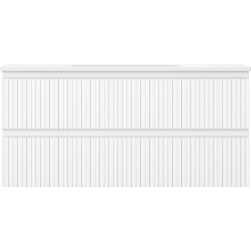 Servant med skap i hvit matt finish, 100 cm bred, med to skuffer og rette linjer.