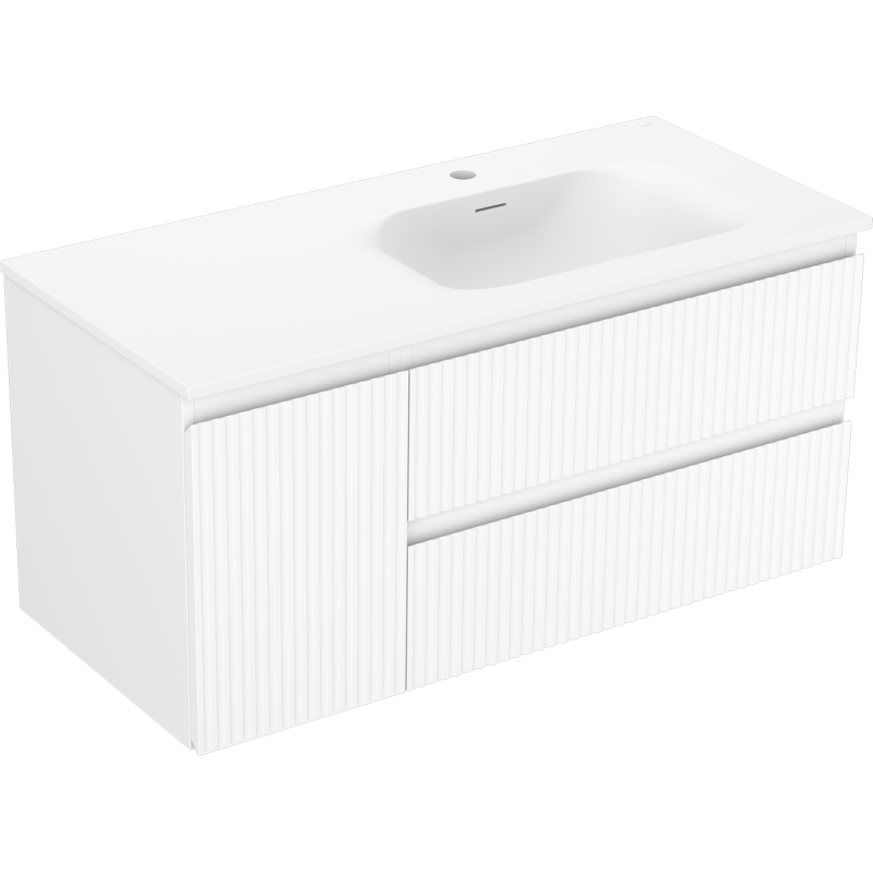 Servantskap med vask 100 cm hvit matt Mexen Rivel med vertikale riller og to skuffer uten håndtak.