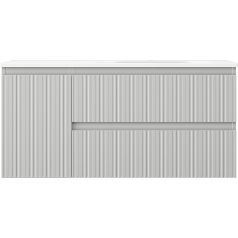 Servant med skap i grå matt finish med vertikale riller, sett rett forfra.