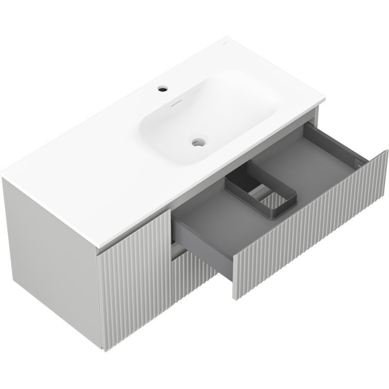 Baderomsskap med vask 100 cm Mexen Rivel i hvitt, skrå vinkel med åpen skuff og ribbet front.