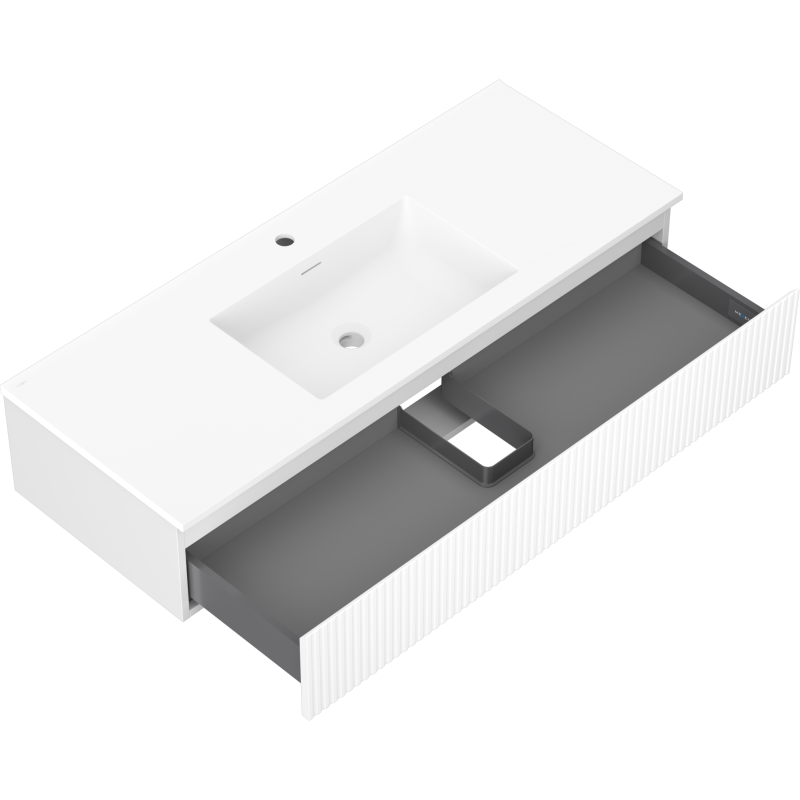 Baderomsskap med vask 120 cm hvit Mexen Rivel/Otis sett skrått ovenfra med åpen grå skuff og rillefront.