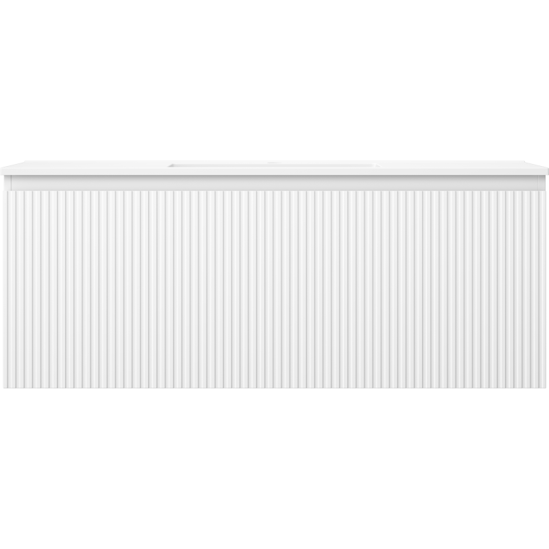 Servant med skap i hvitt med vertikale riller, sett rett forfra i moderne design.