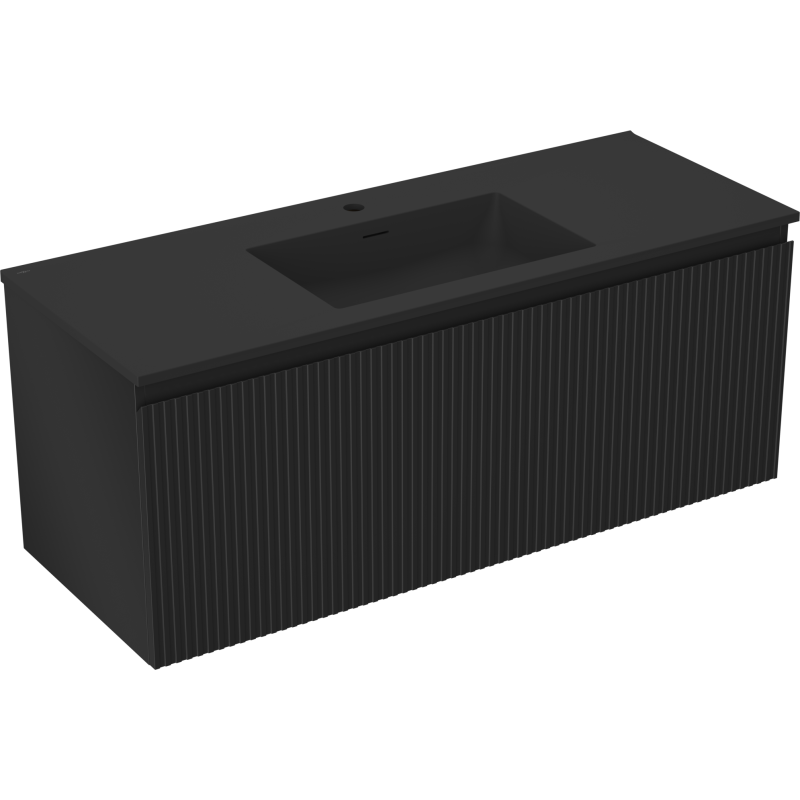 Servantskap med vask 120 cm svart matt, ribbet front og moderne rettlinjet design sett fra siden.