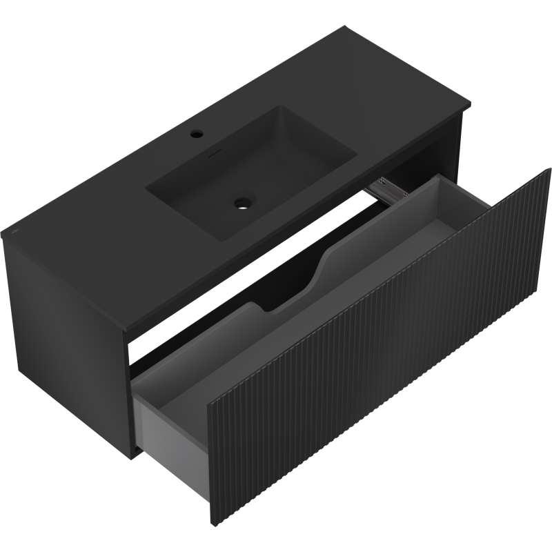 Baderomsskap med vask 120 cm svart matt med åpen rillet skuff og integrert utsparing for avløp.