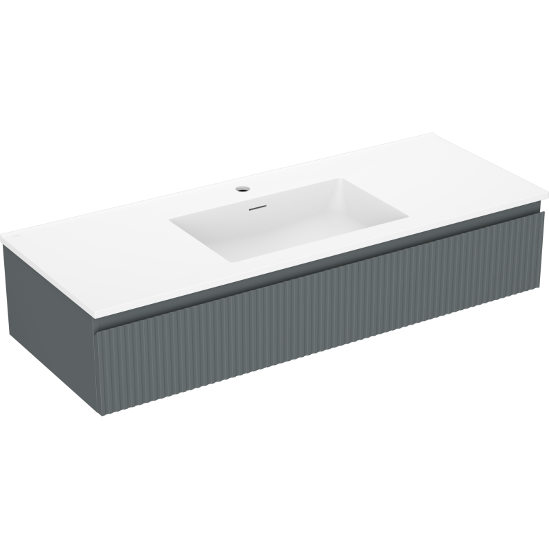 Servantskap med vask 120 cm Mexen Rivel i grafitt matt med hvit rektangulær vask, sett fra skrå vinkel.