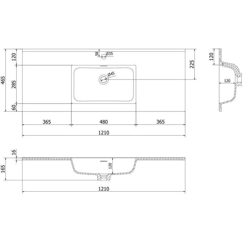 Servant med skap teknisk tegning av Mexen Rivel 120 cm med mål og plassering av hull.