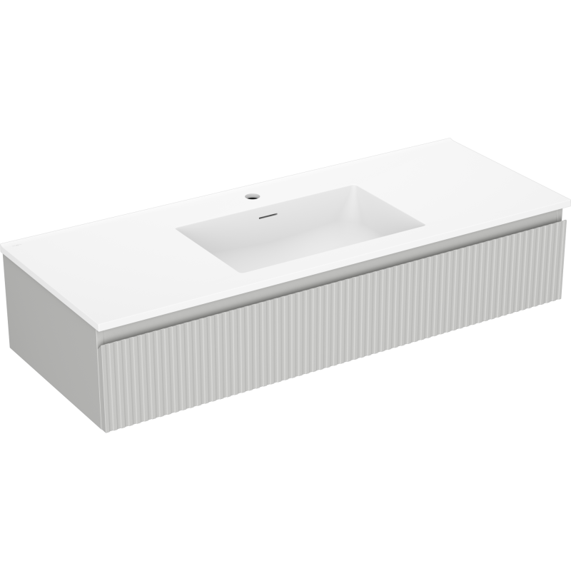 Servantskap med vask 120 cm i hvit og grå matt med vertikale riller, sett fra skrå vinkel.