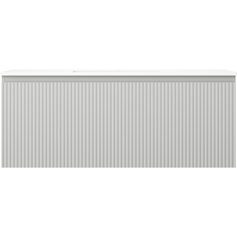 Servant med skap i 120 cm grå matt med hvit topp og vertikale riller, sett forfra.