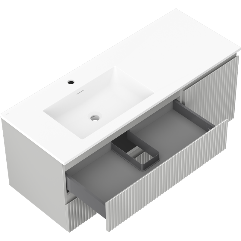 Baderomsskap med vask Mexen Rivel 120 cm i grå matt, ribbet front og åpen skuff med rominndeling.