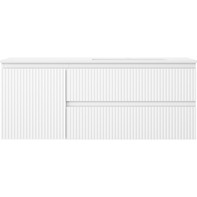 Servant med skap Mexen Rivel 120 cm hvit matt med ribbede fronter og to skyvedører sett forfra.