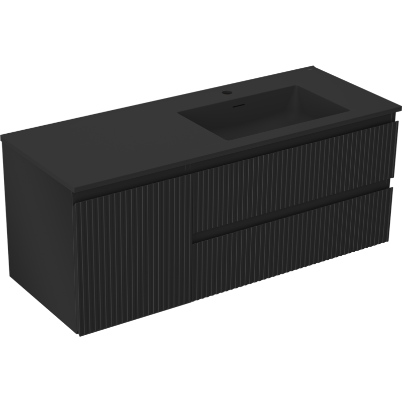 Servantskap med vask 120 cm svart matt Mexen Rivel med ribbet front og to skuffer, sett fra skrå forside.