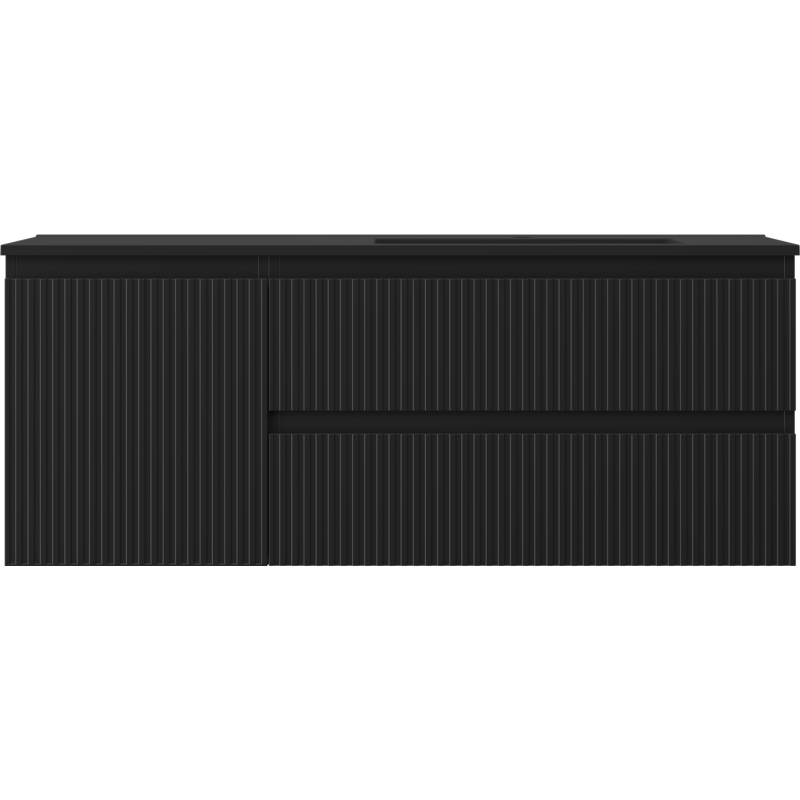 Servant med skap i svart matt med vertikale riller og integrert horisontal grepelist, frontvisning.