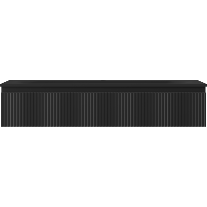 Servant med skap i svart matt finish med vertikale riller, rektangulær form og glatt topp.