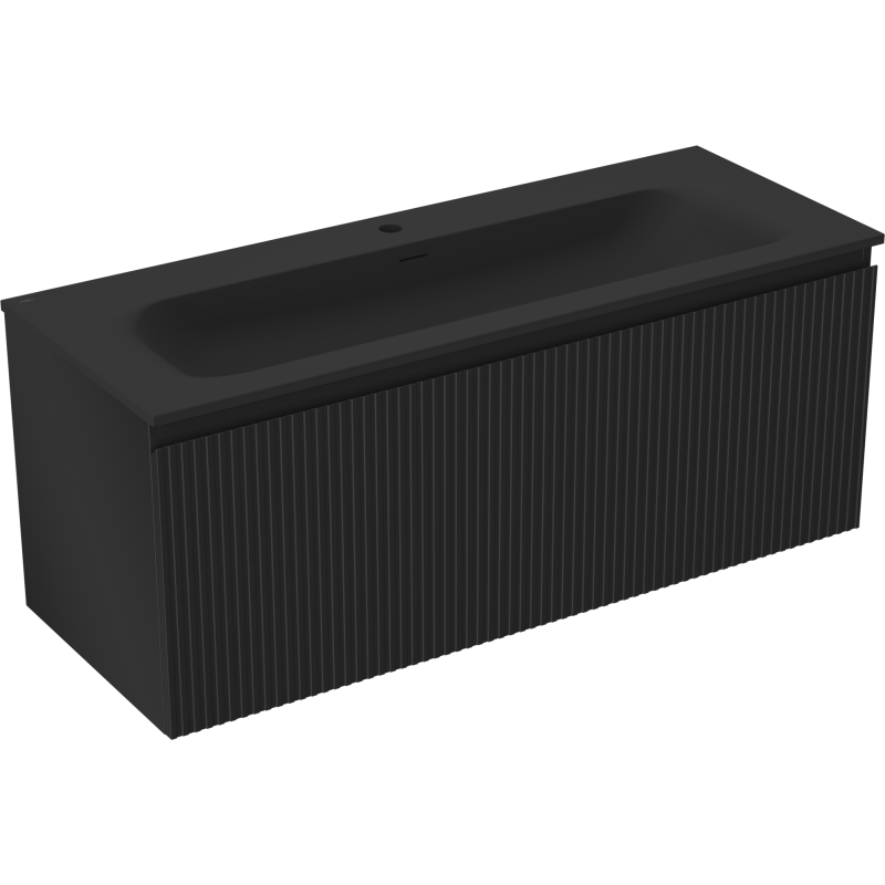 Servantskap med vask 120 cm svart matt med vertikale riller, sett fra skrått side- og frontperspektiv.