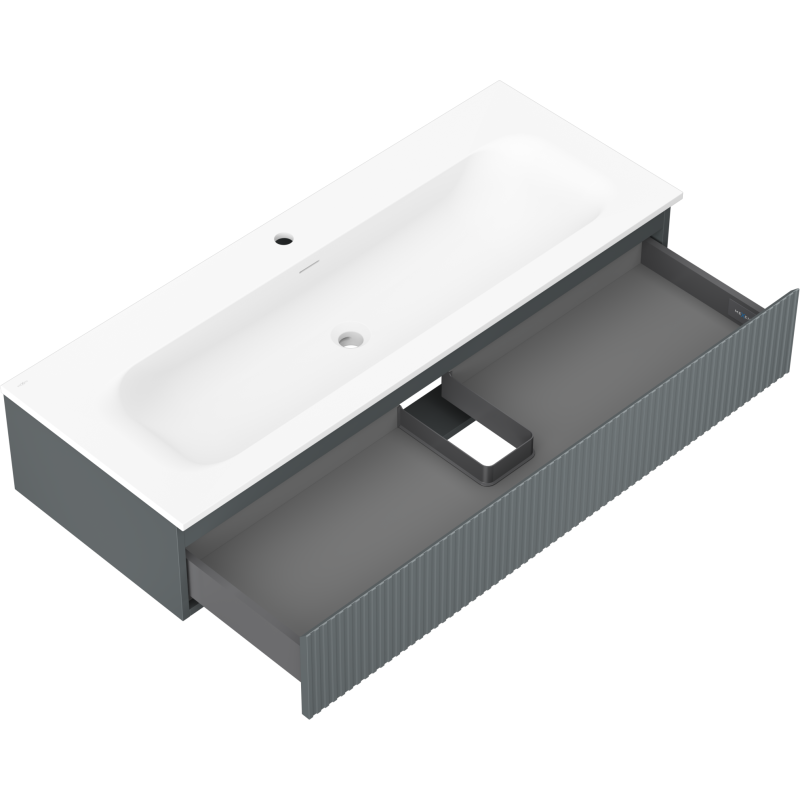 Baderomsskap med vask Mexen Rivel 120 cm, grå rillet front, åpen skuff med rørutskjæring.