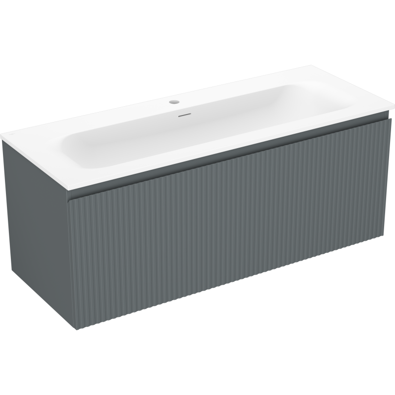 Servantskap med vask 120 cm Mexen Rivel grafitt/hvit matt med riflet front, sett fra skrå vinkel.