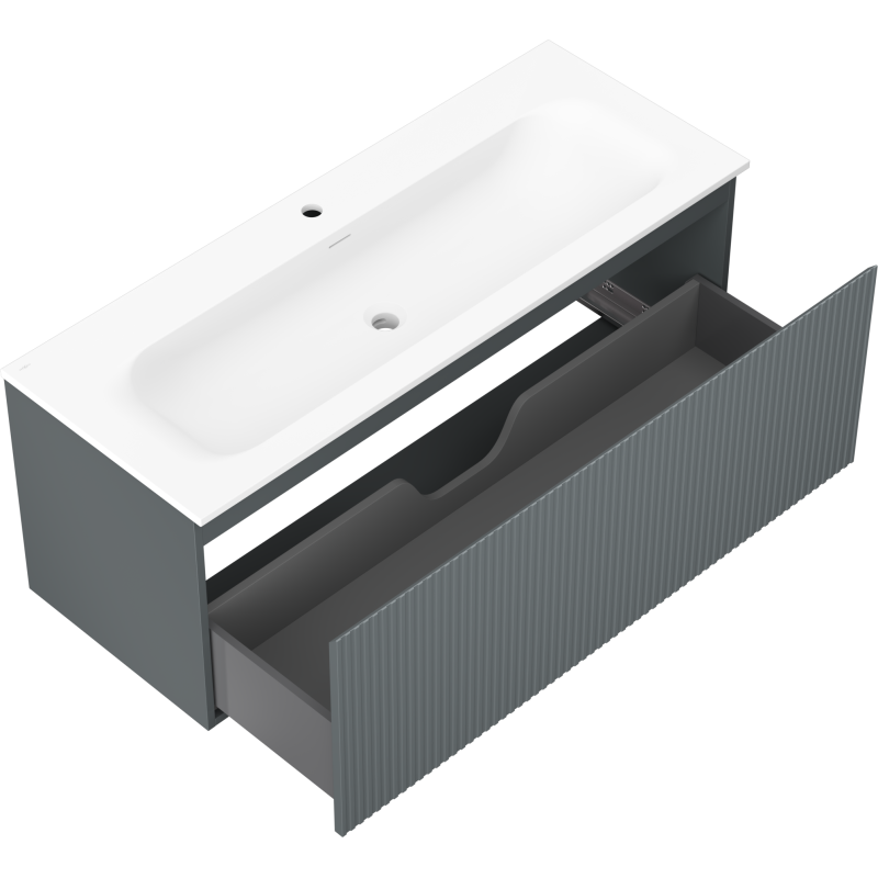 Baderomsskap med vask Mexen Rivel 120 cm i grafitt med rillet front, åpen skuff og hvit topp.