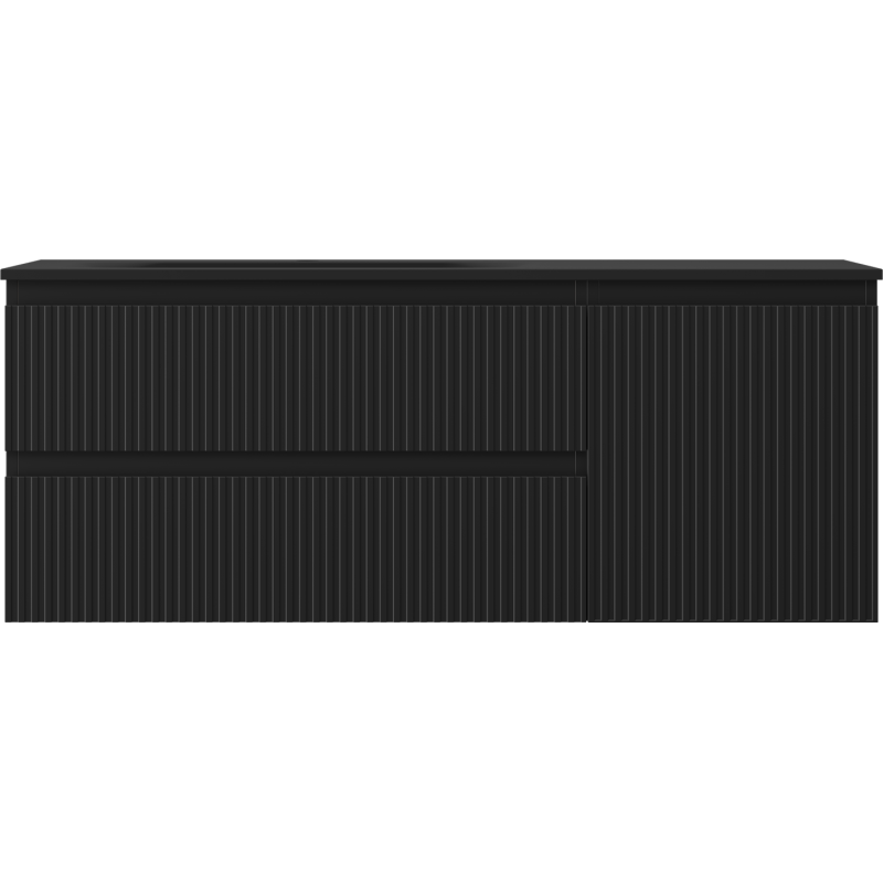 Servant med skap i svart matt plast med horisontalt lokk og vertikale riller, sett forfra.