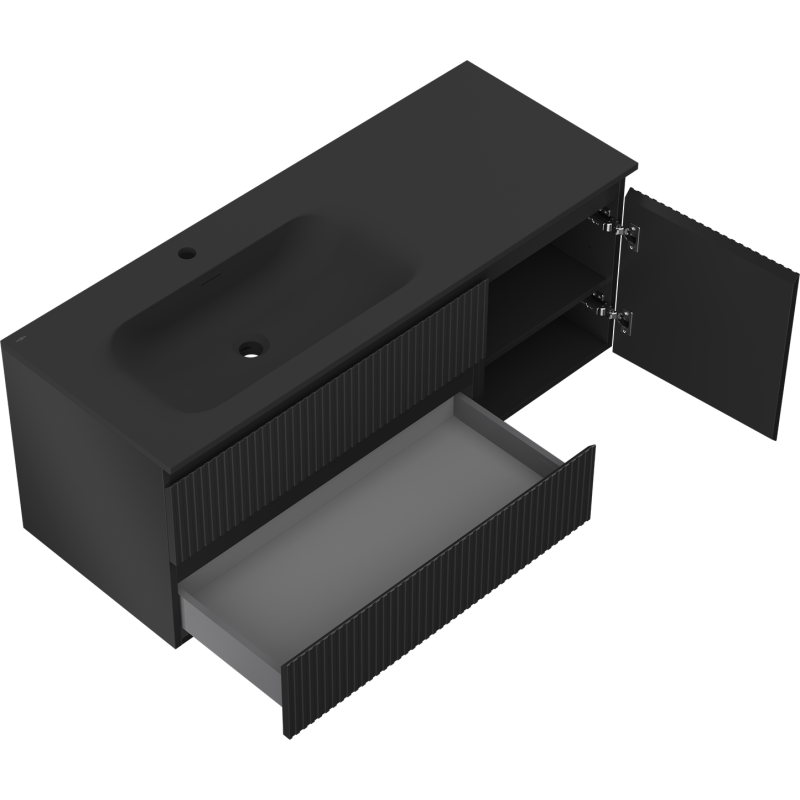Baderomsskap med servant 120 cm Mexen Rivel Vela svart matt med åpne dører og skuffer, sett ovenfra.