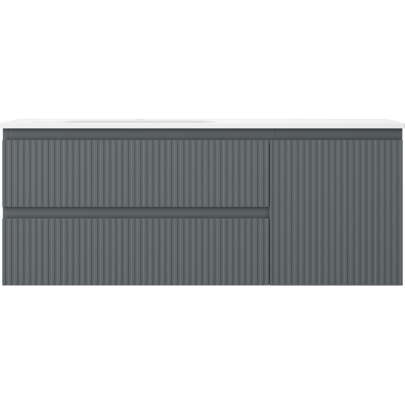 Servant med skap 120 cm grafitt/hvit matt med rillede fronter og integrerte håndtak, sett forfra.