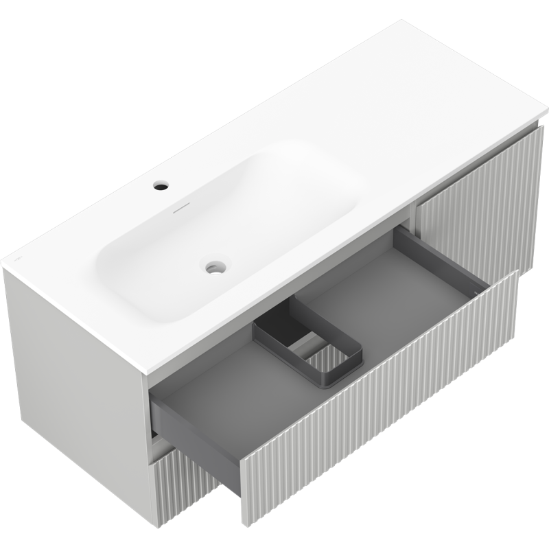 Baderomsskap med vask Mexen Rivel 120 cm grå matt, åpen skuff med riller, sett skrått ovenfra.