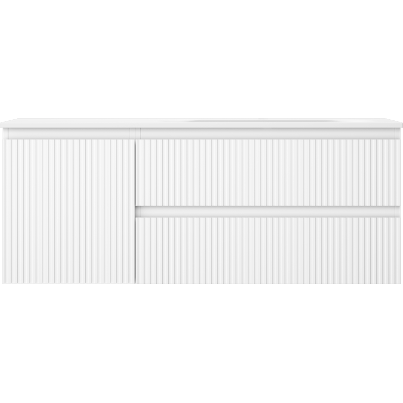 Servant med skap i hvit matt Mexen Rivel 120 cm med ribbet front og to brede skyvedører.