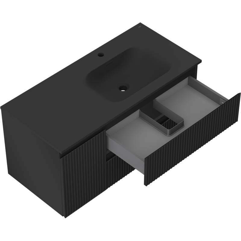 Baderomsskap med vask 120 cm Mexen Rivel i svart matt, sett ovenfra med åpen skuff og organiserte rom.