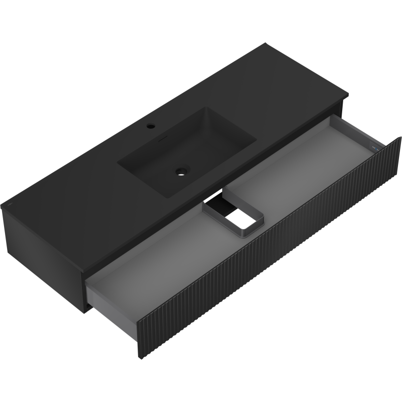 Baderomsskap med vask Mexen Rivel 140 cm i svart matt med åpen skuff og integrert avløpsrom.
