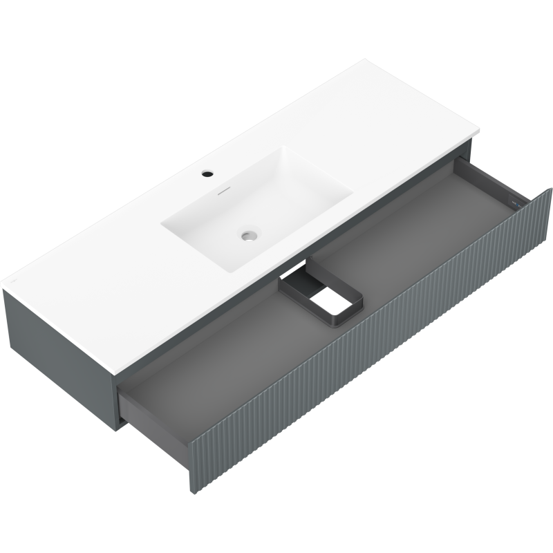 Baderomsskap med vask Mexen Rivel Otis 140 cm, skuff trukket ut, grafitt og hvit matt finish.