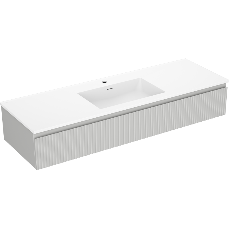 Servantskap med vask 140 cm i grå matt finish, riflet frontpanel og integrert servant, sett fra siden.