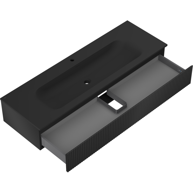 Baderomsskap med vask 140 cm svart matt Mexen Rivel Vela med åpen skuff og vertikale riller.
