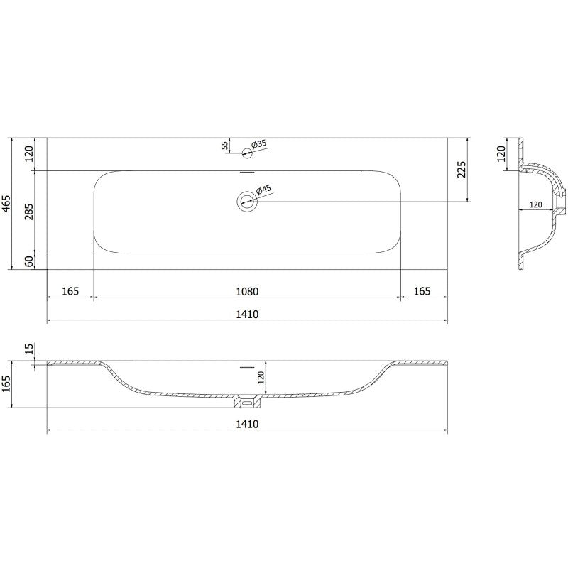 Servant med skap teknisk tegning av Mexen Rivel 140 cm med mål og diametre i millimeter.