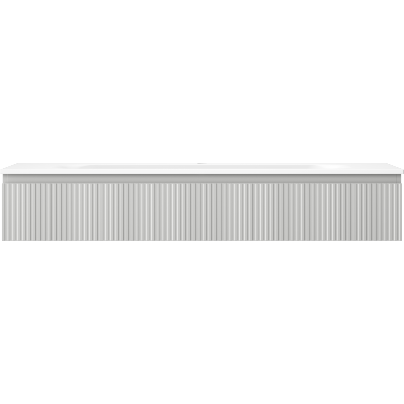 Servant med skap i grå matt finish, vertikale riller og hvit toppflate, sett rett forfra.