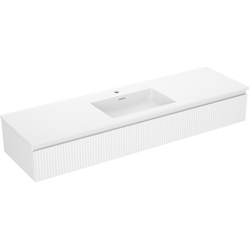 Servantskap med vask 160 cm Mexen Rivel/Otis i hvit med rillede fronter, sett fra skrå vinkel.