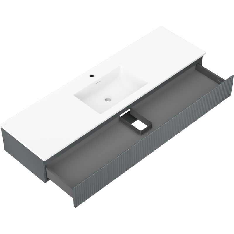 Baderomsskap med vask Mexen Rivel Otis 160 cm i grafitt, hvit servant og åpen skuff med organiseringsrom.