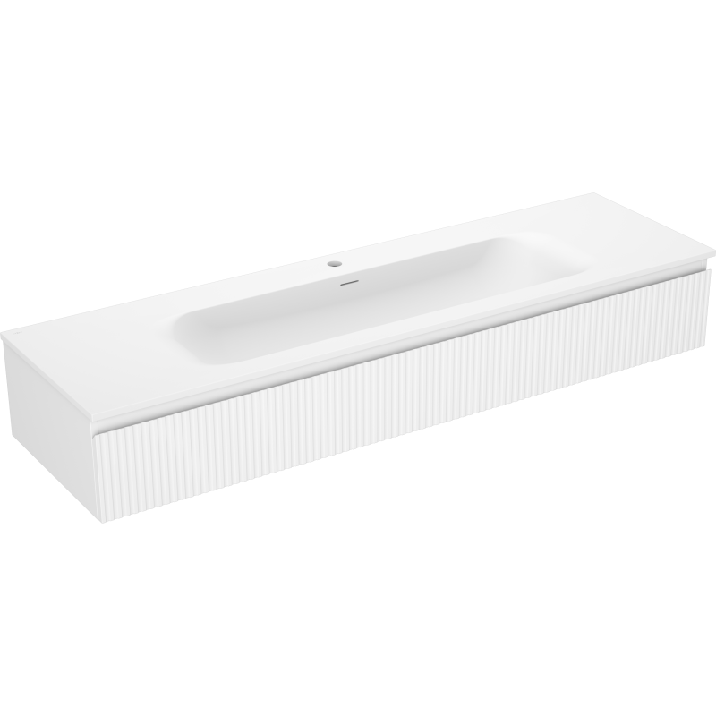 Servantskap med vask 160 cm hvit Mexen Rivel Vela med vertikale riller sett skrått forfra.