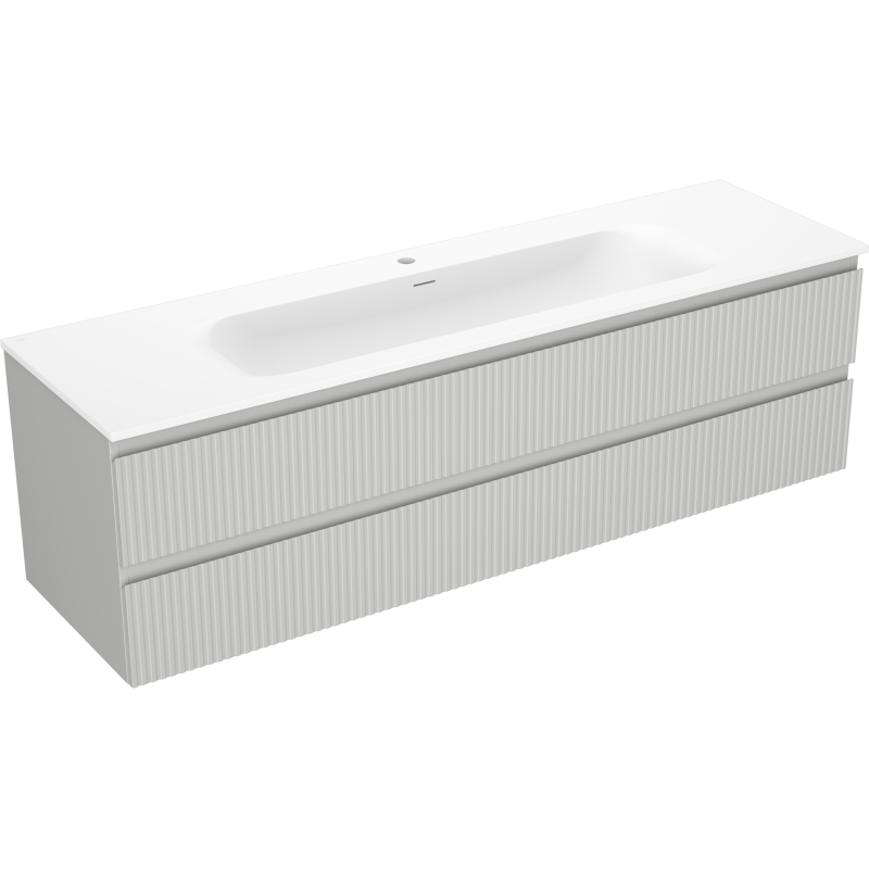 Servantskap med vask 160 cm i grå/blå matt med to brede skuffer og integrerte håndtak, skrå vinkel.