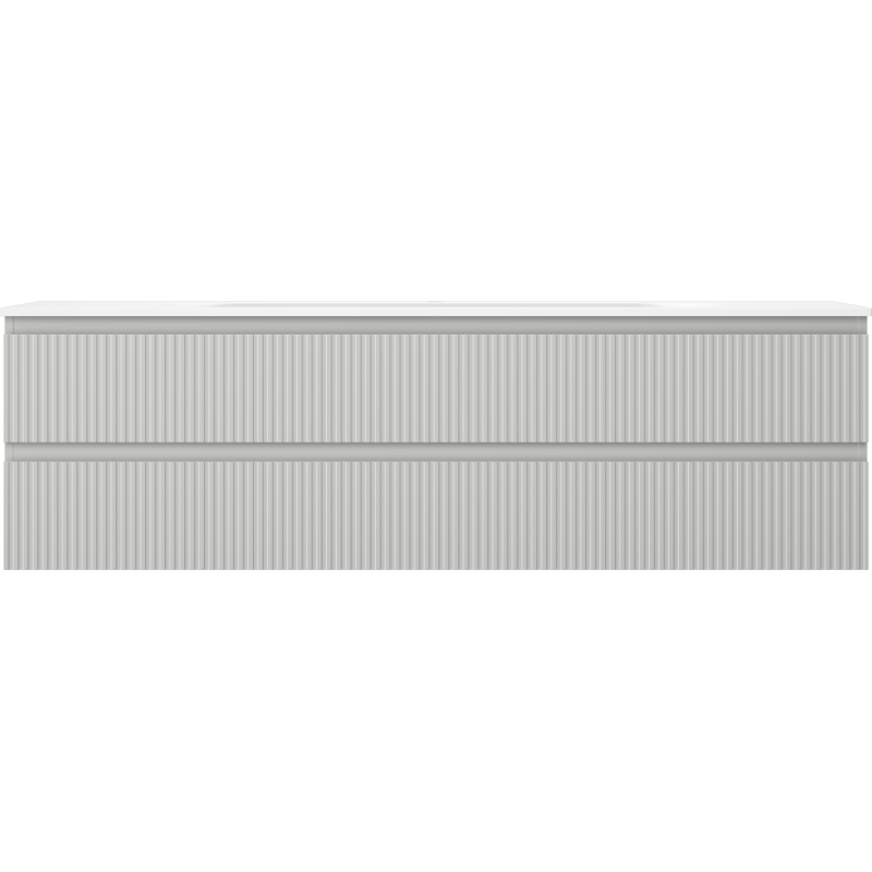 Servant med skap i grå/blå matt finish med vertikale riller, sett rett forfra.