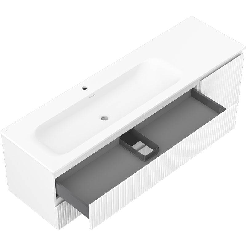 Baderomsskap med vask 160 cm Mexen Rivel Vela i hvit matt med åpen grå skuff og vertikale striper.