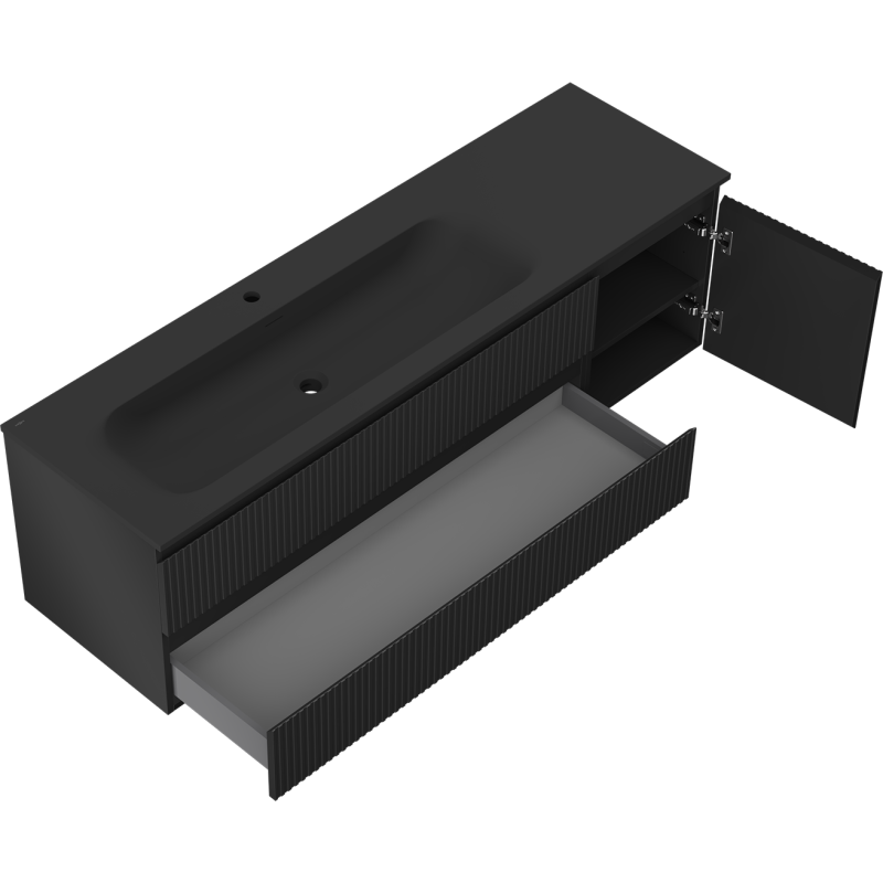 Baderomsskap med servant 160 cm svart matt Mexen Rivel Vela sett skrått ovenfra med åpen skuff og dør.