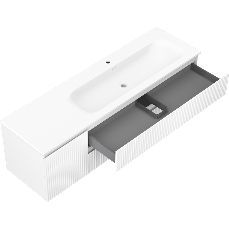 Baderomsskap med vask 160 cm Mexen Rivel Vela hvit med åpen øverste skuff og rillet front.