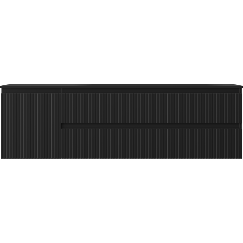 Servant med skap i svart matt finish med vertikale riller og minimalistisk design, sett rett forfra.